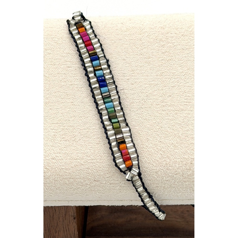 Stella & Dot Boho Rainbow Beaded Friendship Bracelet Navy Blue Tassel Adjustable